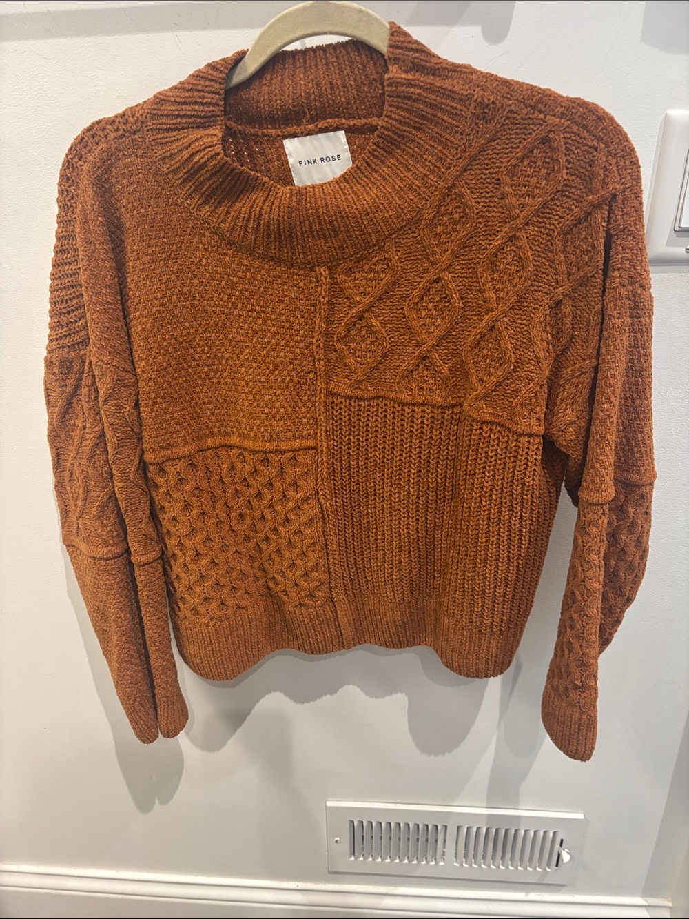 Pink Rose Women's Rust Patchwork Cable Turtleneck Sweater